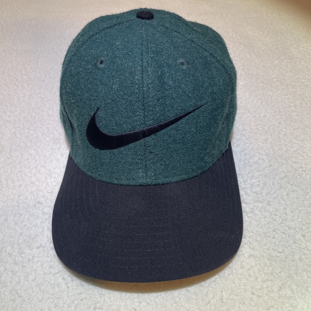Vintage Nike Strap Back Hat White Tag Wool Cap Big Swoosh Green‎ Adult 90's